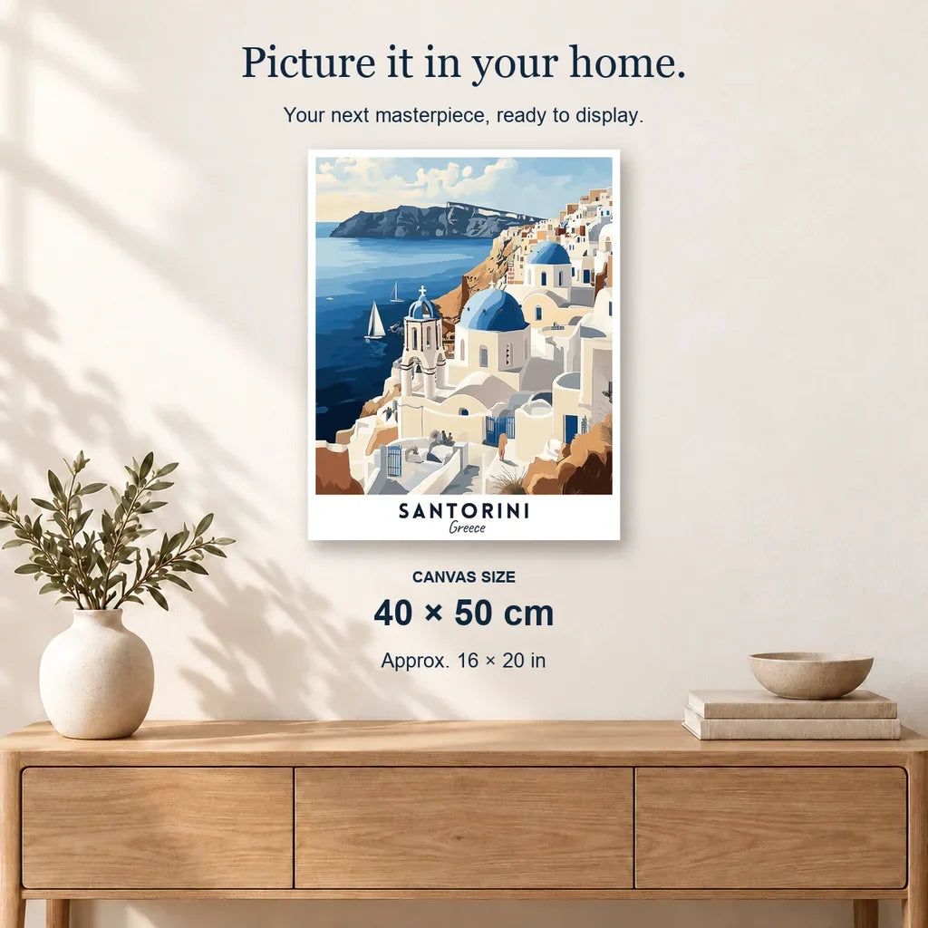 Santorini Travel Poster displayed on a sunlit wall above an oak cabinet. Canvas size 40 × 50 cm.