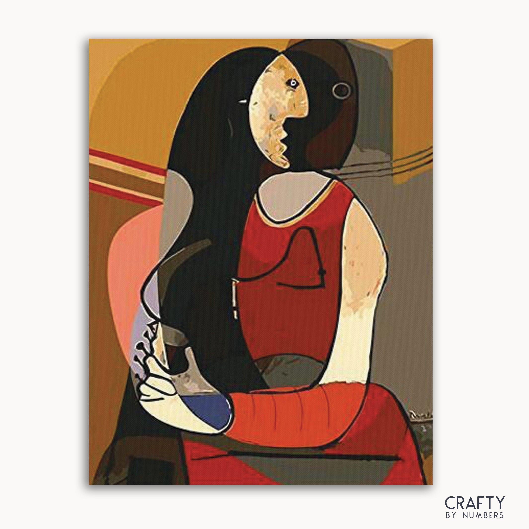 A paint-by-numbers kit featuring the famous artwork 'Seated Woman' by Pablo Picasso.