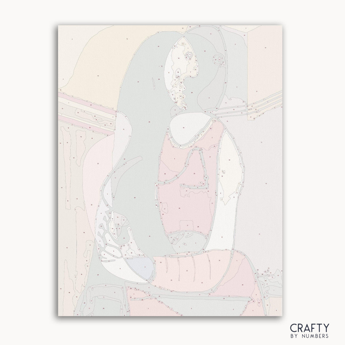 Kit de peinture par numéros Femme assise de Pablo Picasso présentant un style de peintures célèbres et des couleurs vibrantes.