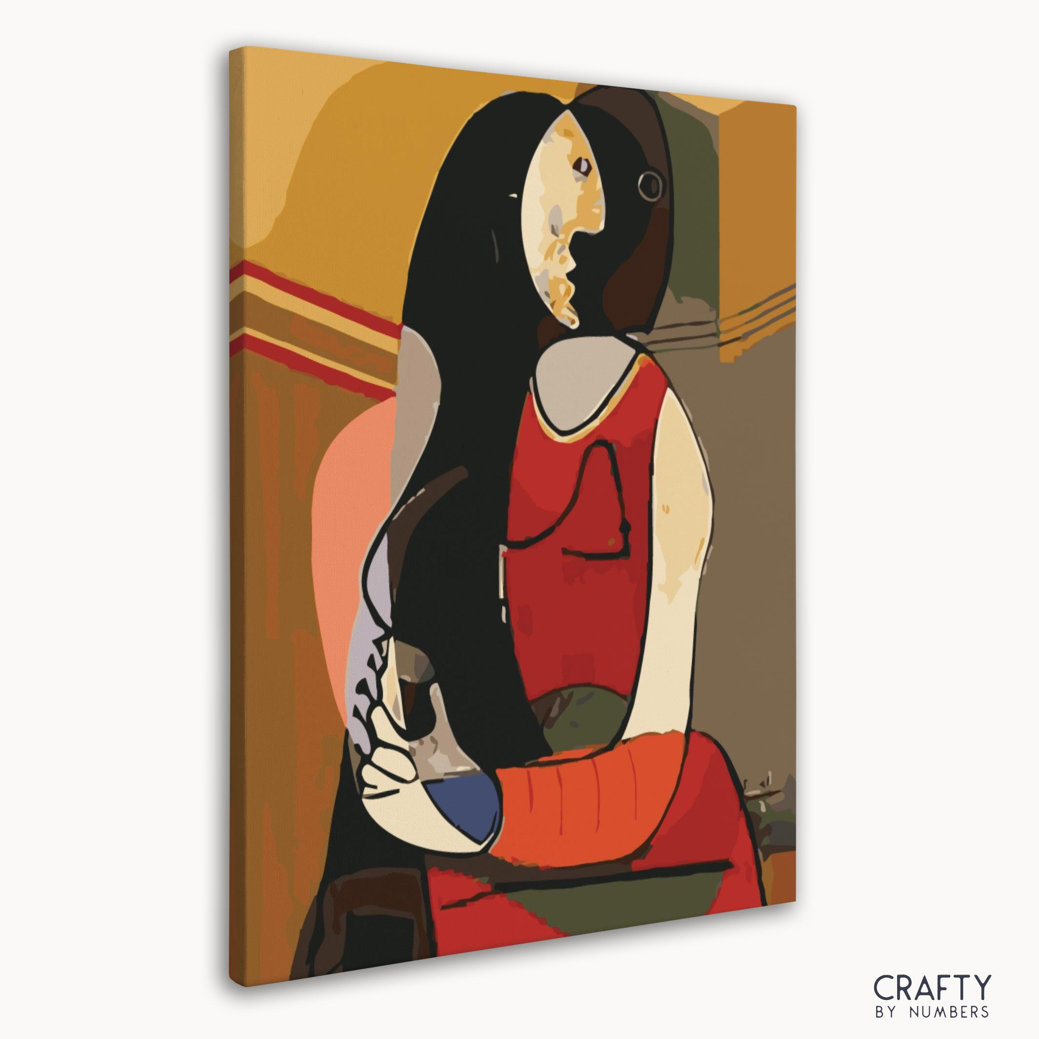 Classic art kit showing seated woman inspired by top 10 Picasso famous paintings with cubist elements.