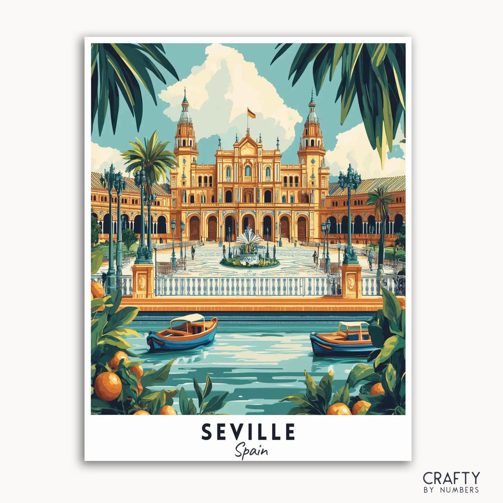 A travel poster depicting the Plaza de España in Seville, Spain, with vibrant colors, lush orange trees, and boats on the water.