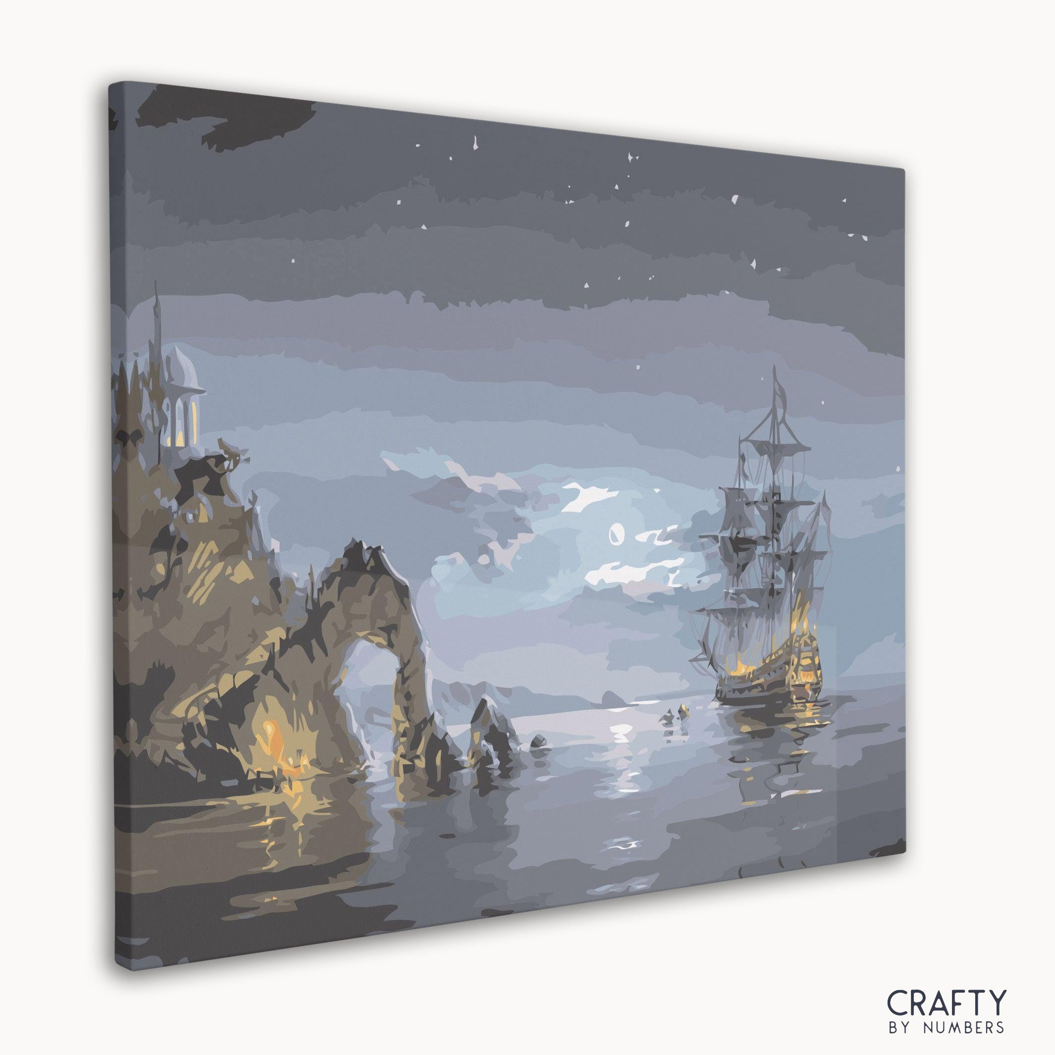 Close-up of detailed sailboat in Ship Arc Bay paint by numbers design