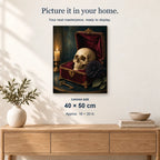 Skull Casket displayed on a sunlit wall above an oak cabinet. Canvas size 40 × 50 cm.