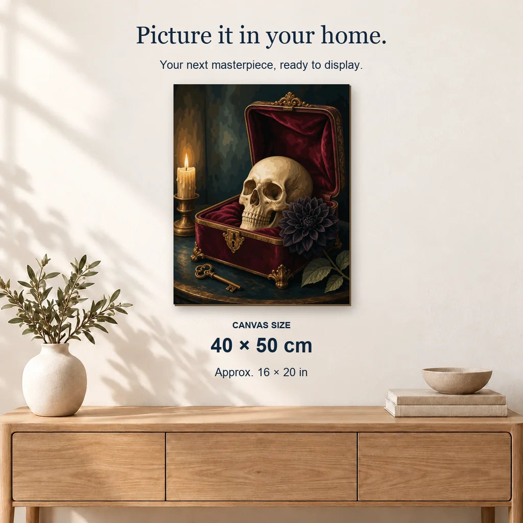 Skull Casket displayed on a sunlit wall above an oak cabinet. Canvas size 40 × 50 cm.