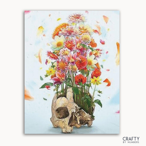 A paint-by-numbers kit image featuring a skull filled with flowers, with numbered sections indicating where to paint specific colors.