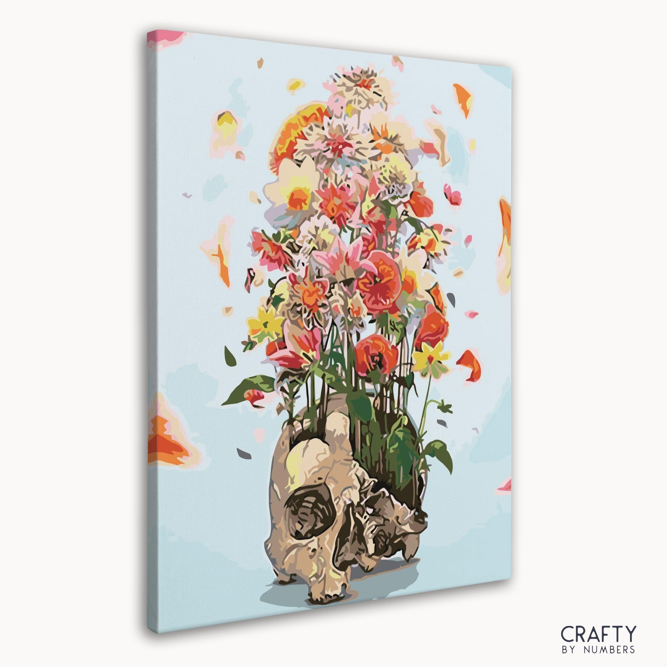 Detailed Skull Of Flowers paint by number artwork with a blend of famous landscape paintings and famous flower paintings.