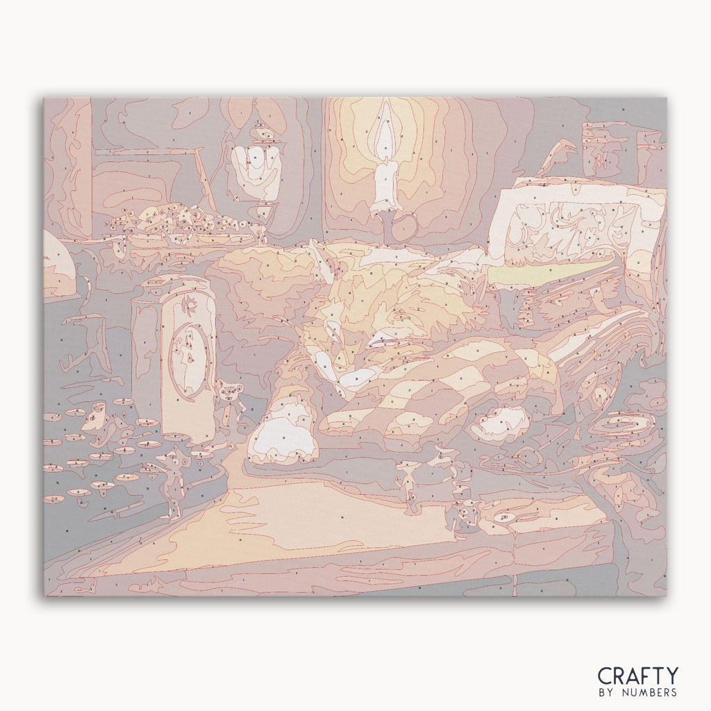 Sleeping Cat paint by number artwork inspired by famous paintings, capturing peaceful rest with the charm of vincent van gogh famous paintings style.