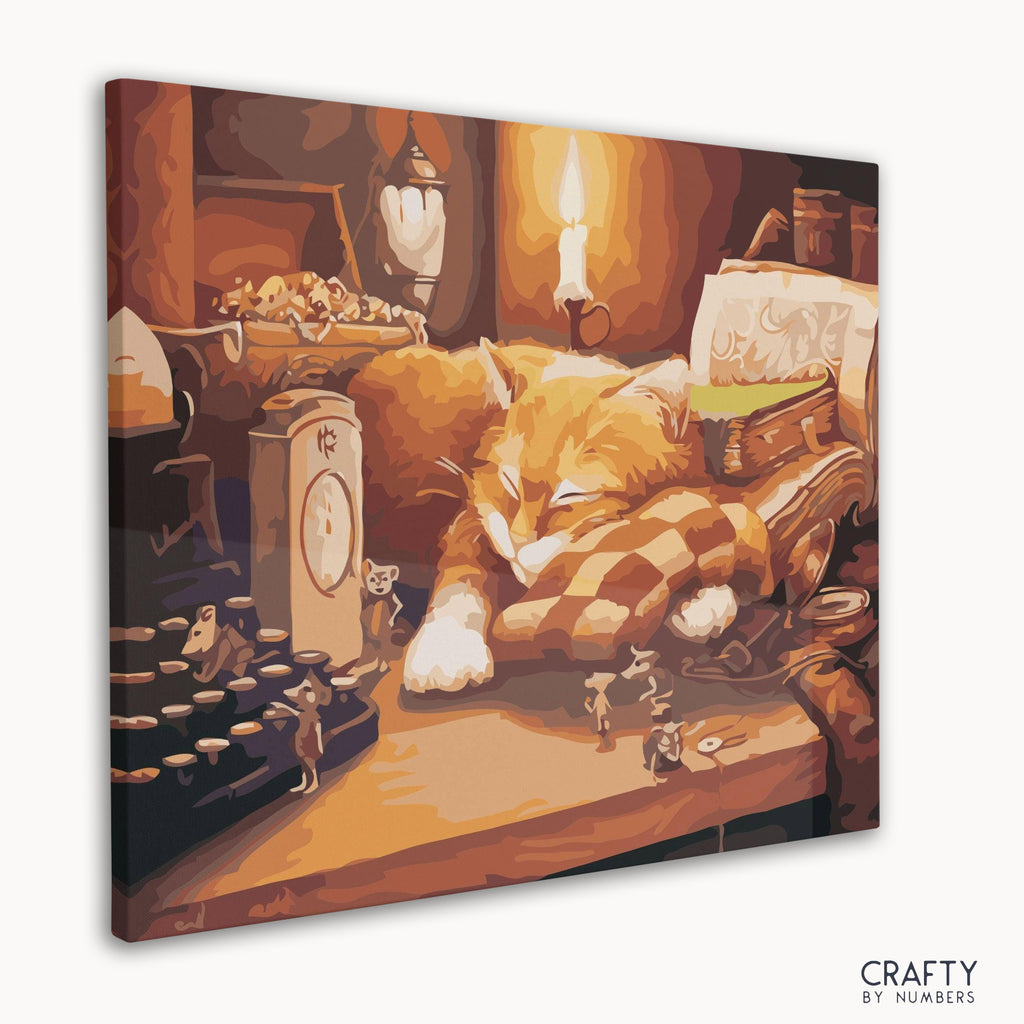 Detailed Sleeping Cat paint by number, blending vibrant color and design, echoing most famous paintings with subtle famous landscape paintings tones.
