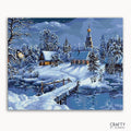 A paint-by-numbers kit depicting a snowy night scenery with a bridge, river, and a village covered in snow.