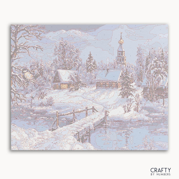 Snowy night scenery paint by numbers kit with glowing moon