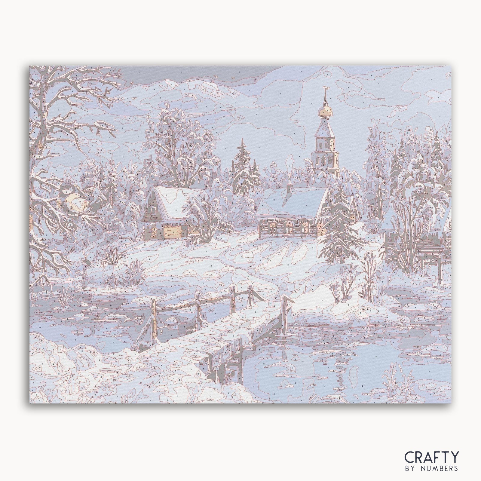 Snowy Night Scenery paint by numbers kit with canvas and paints