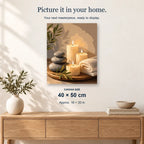 Spa Candles displayed on a sunlit wall above an oak cabinet. Canvas size 40 × 50 cm.