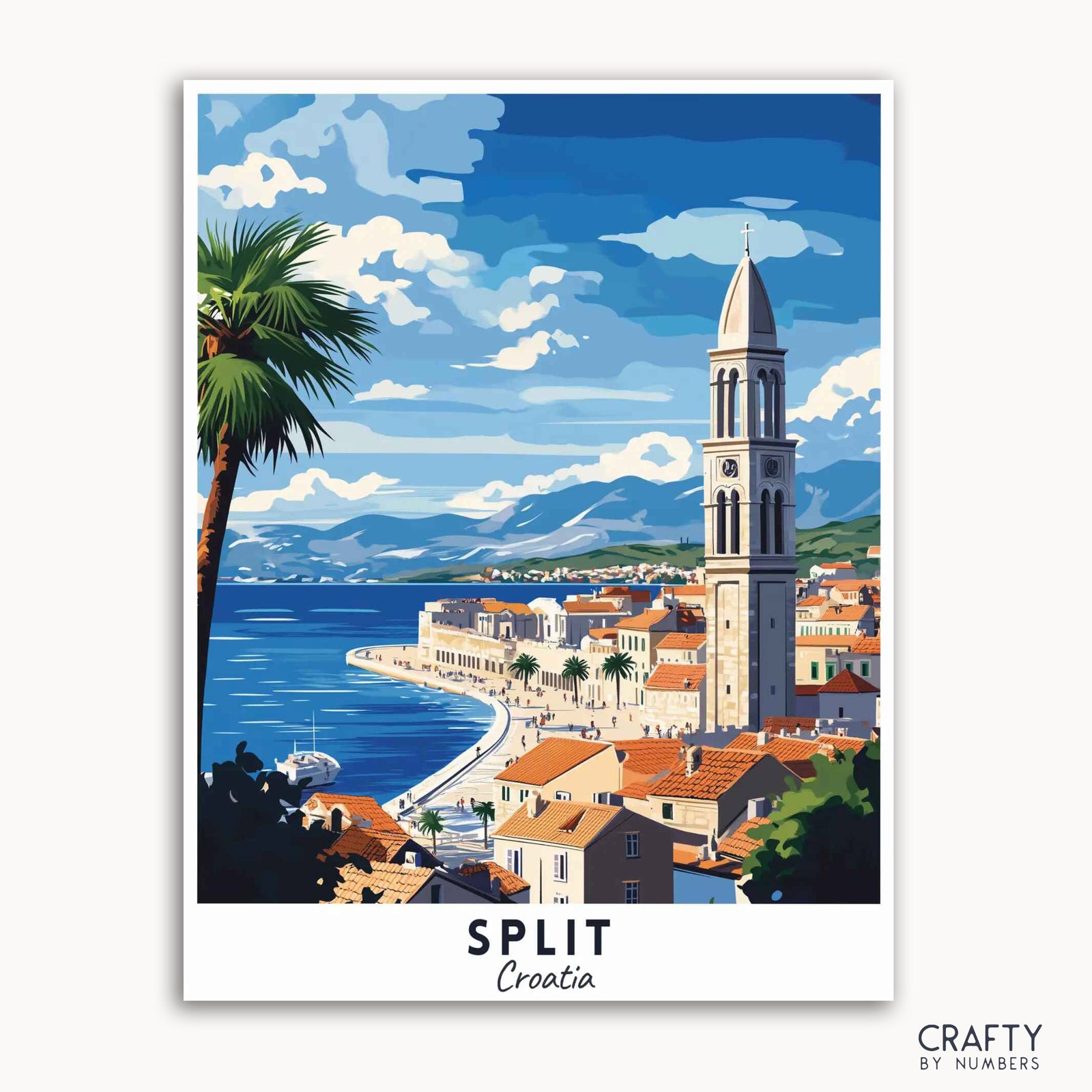 Un kit de pintura por números de carteles de viaje que presenta una representación vibrante de Split, Croacia, con tejados de terracota, un campanario y palmeras junto al mar.