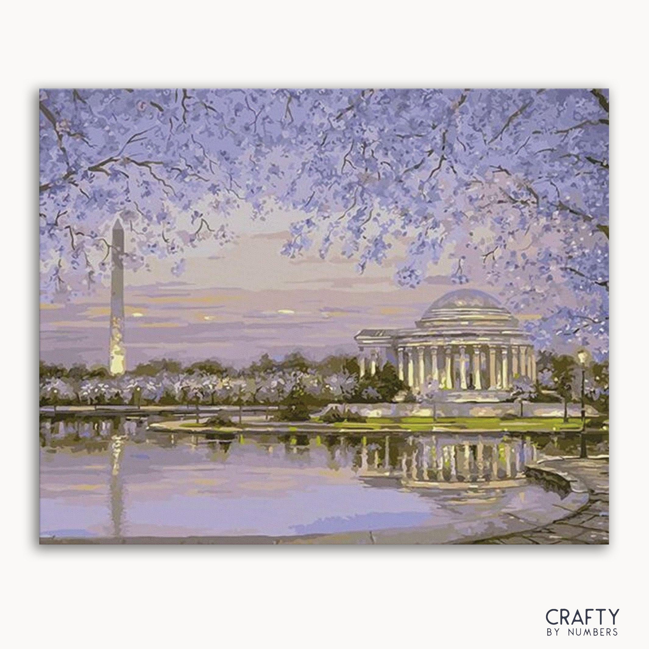 A paint-by-numbers kit depicting a spring scene in Washington DC with the Jefferson Memorial and cherry blossoms.