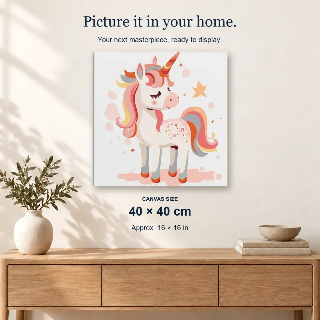 Starlight Unicorn displayed on a sunlit wall. Canvas size 40 × 40 cm.