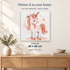Starlight Unicorn displayed on a sunlit wall. Canvas size 40 × 40 cm.