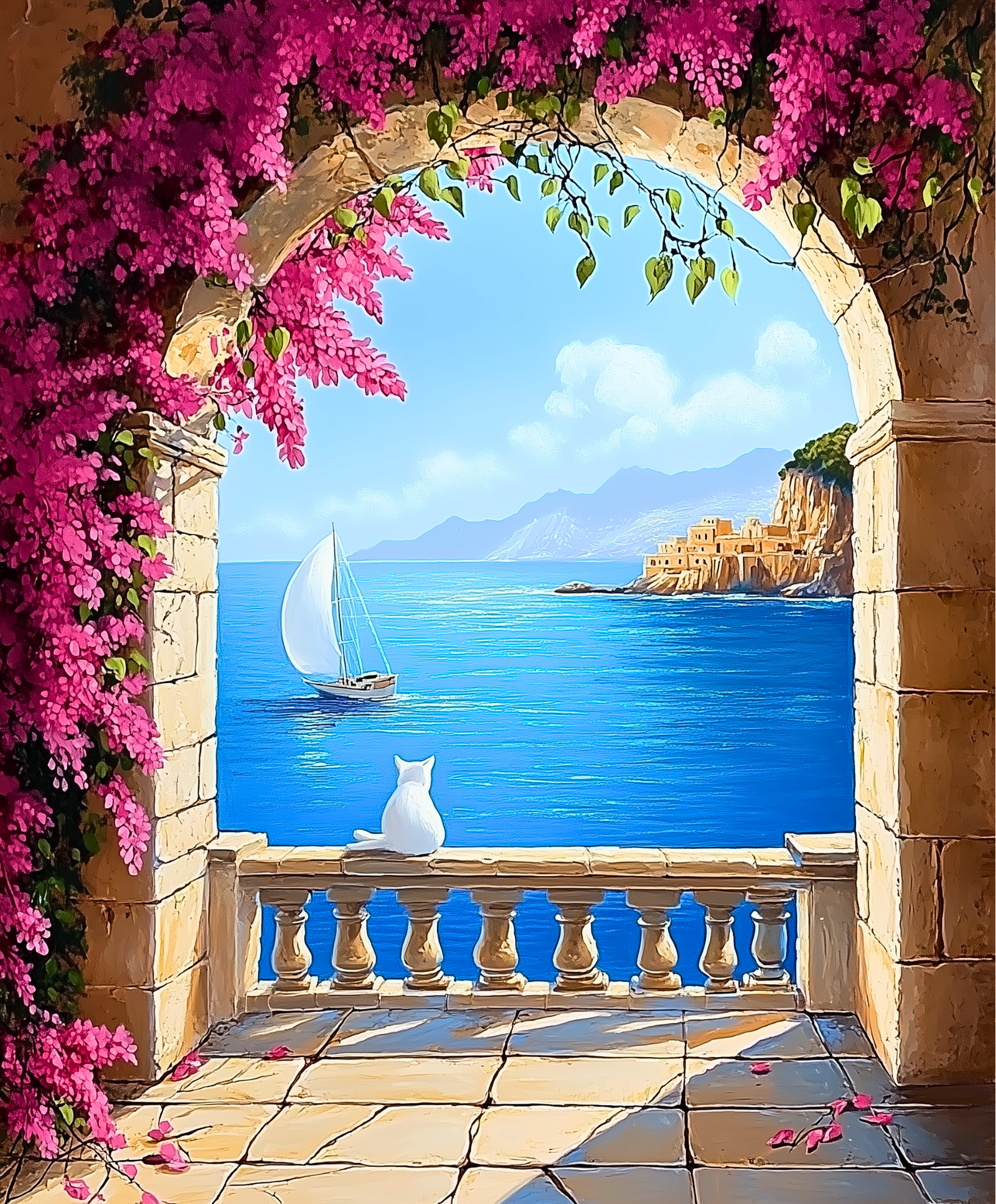 Un kit de peinture par numéros représentant une arche en pierre avec des bougainvilliers roses, une mer bleue calme et un voilier avec un village balnéaire en arrière-plan.
