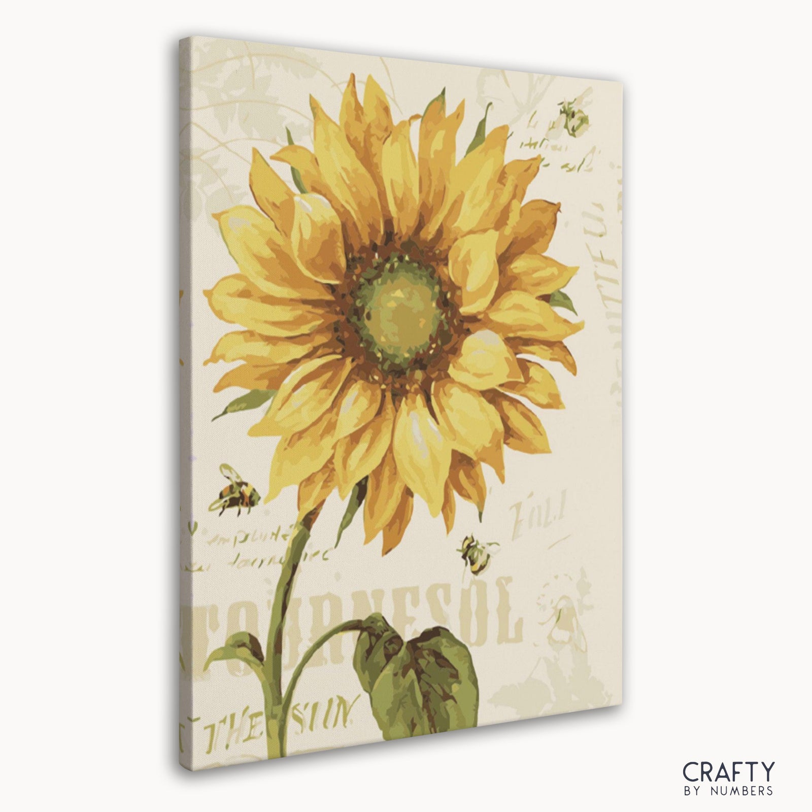 Pintura detallada de girasoles y abejas por números con colores vibrantes, que recuerdan a pinturas famosas y bodegones famosos.