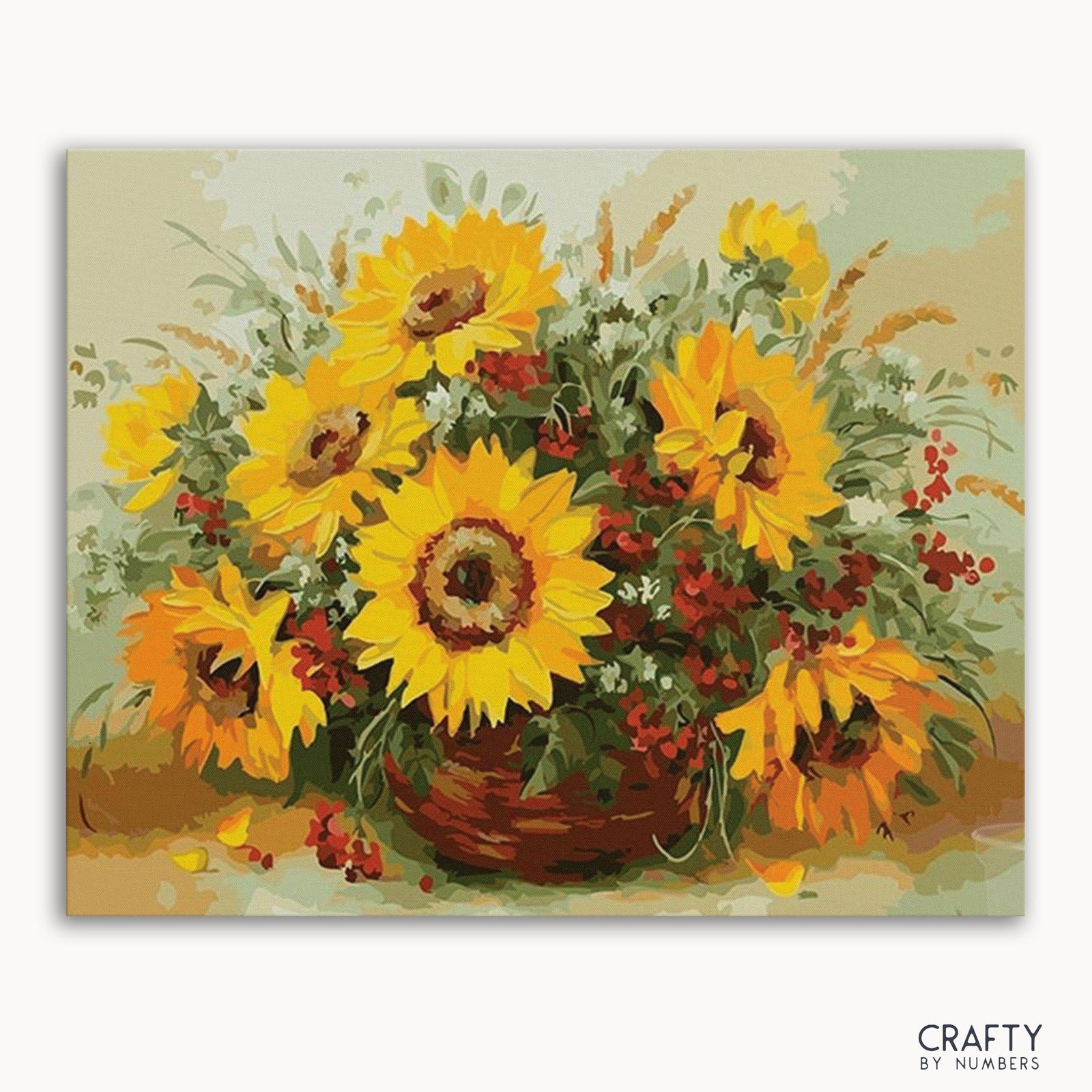 Ein Bild eines Malen-nach-Zahlen-Sets mit einem Korb voller Sonnenblumen auf beigem Hintergrund.