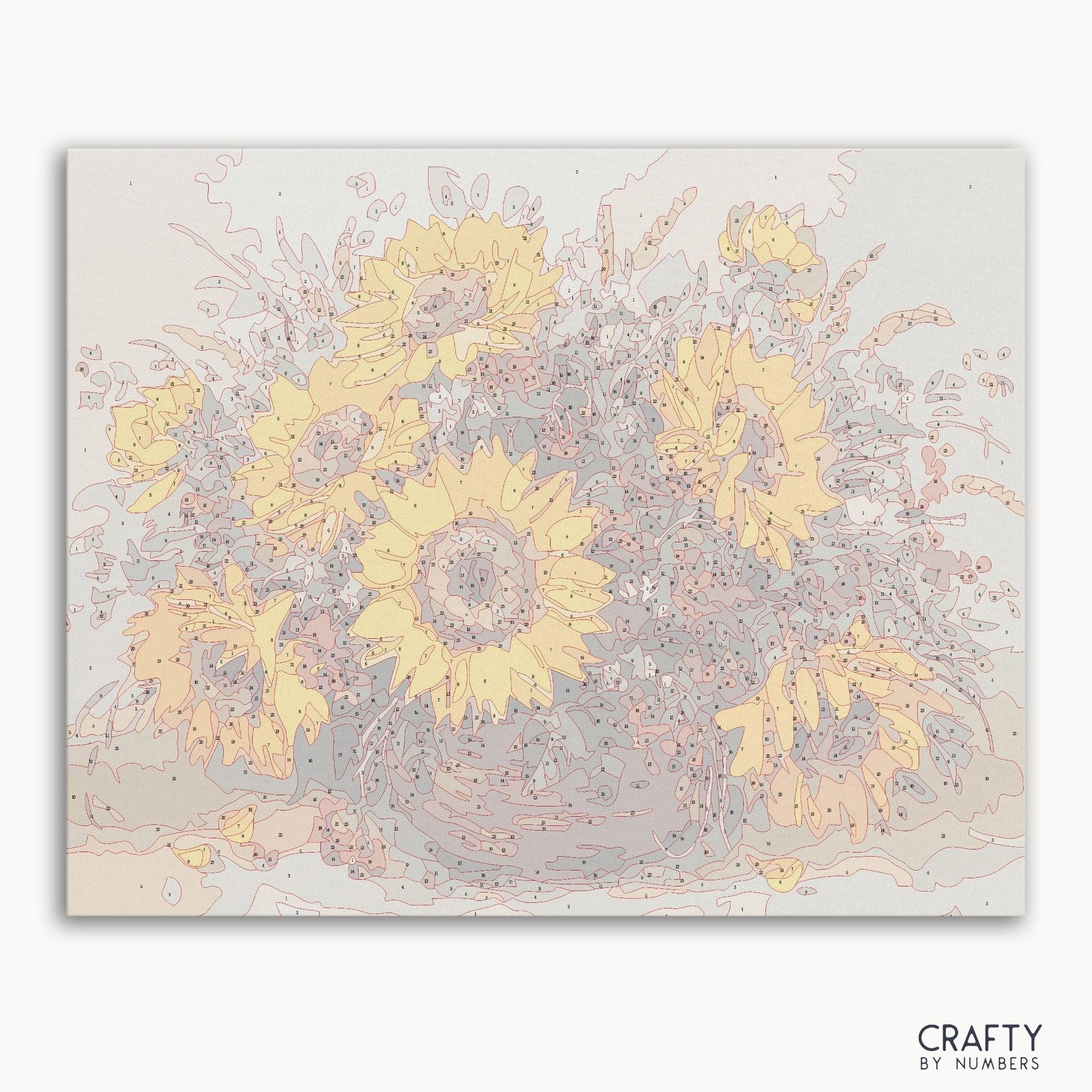 Malen nach Zahlen „Sonnenblumen-Ölgemälde“ mit leuchtenden Farben, inspiriert von berühmten Gemälden, berühmten Gemälden von Van Gogh und berühmten Blumengemälden.