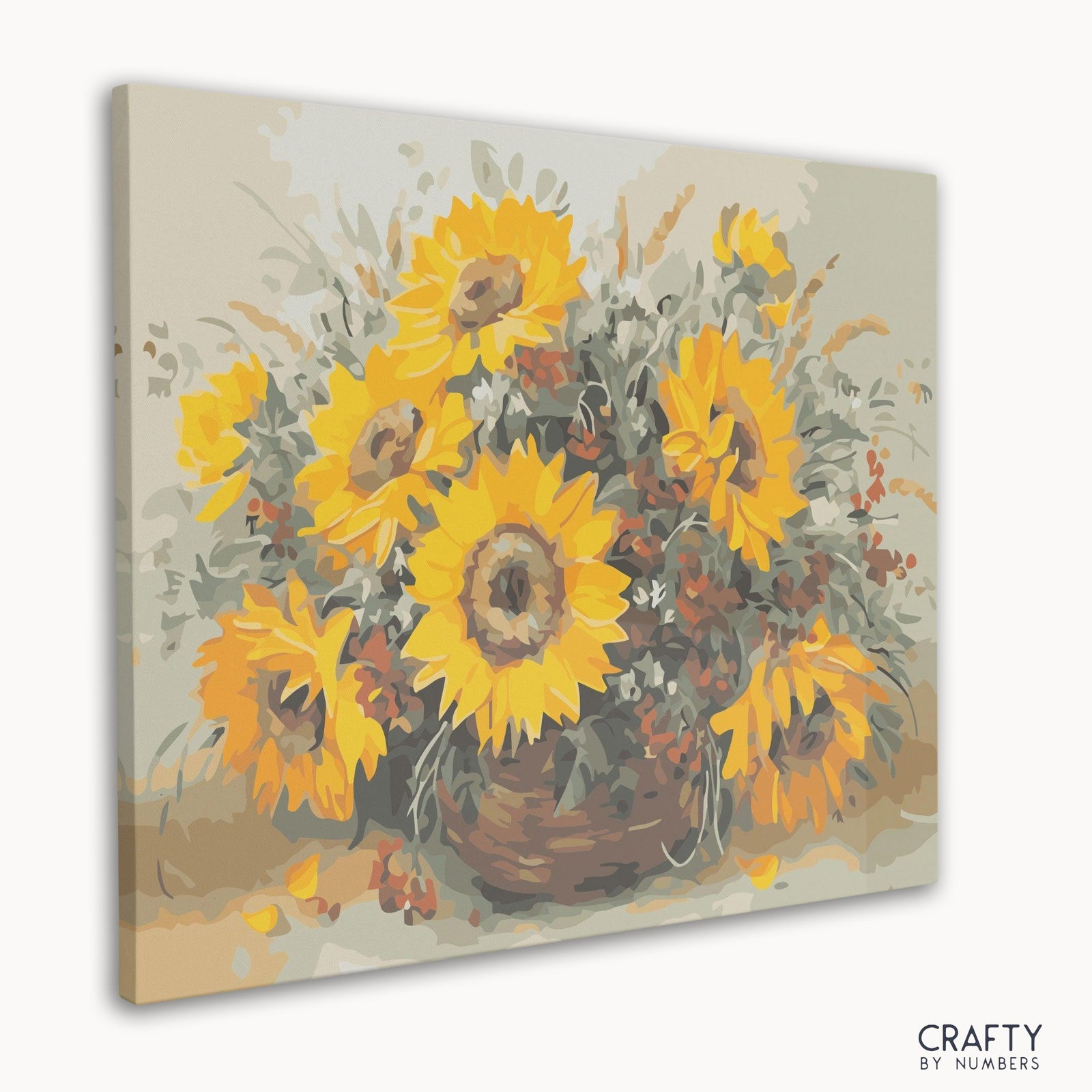 Detailliertes „Sonnenblumen-Ölgemälde“-Malen-nach-Zahlen-Design mit leuchtenden Gelbtönen, das an die berühmten Gemälde und Stillleben von Vincent Van Gogh erinnert.