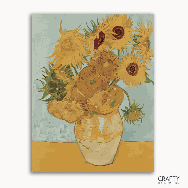 A paint-by-numbers kit with a image of a vase containing sunflowers, after Vincent Van Gogh's artwork.
