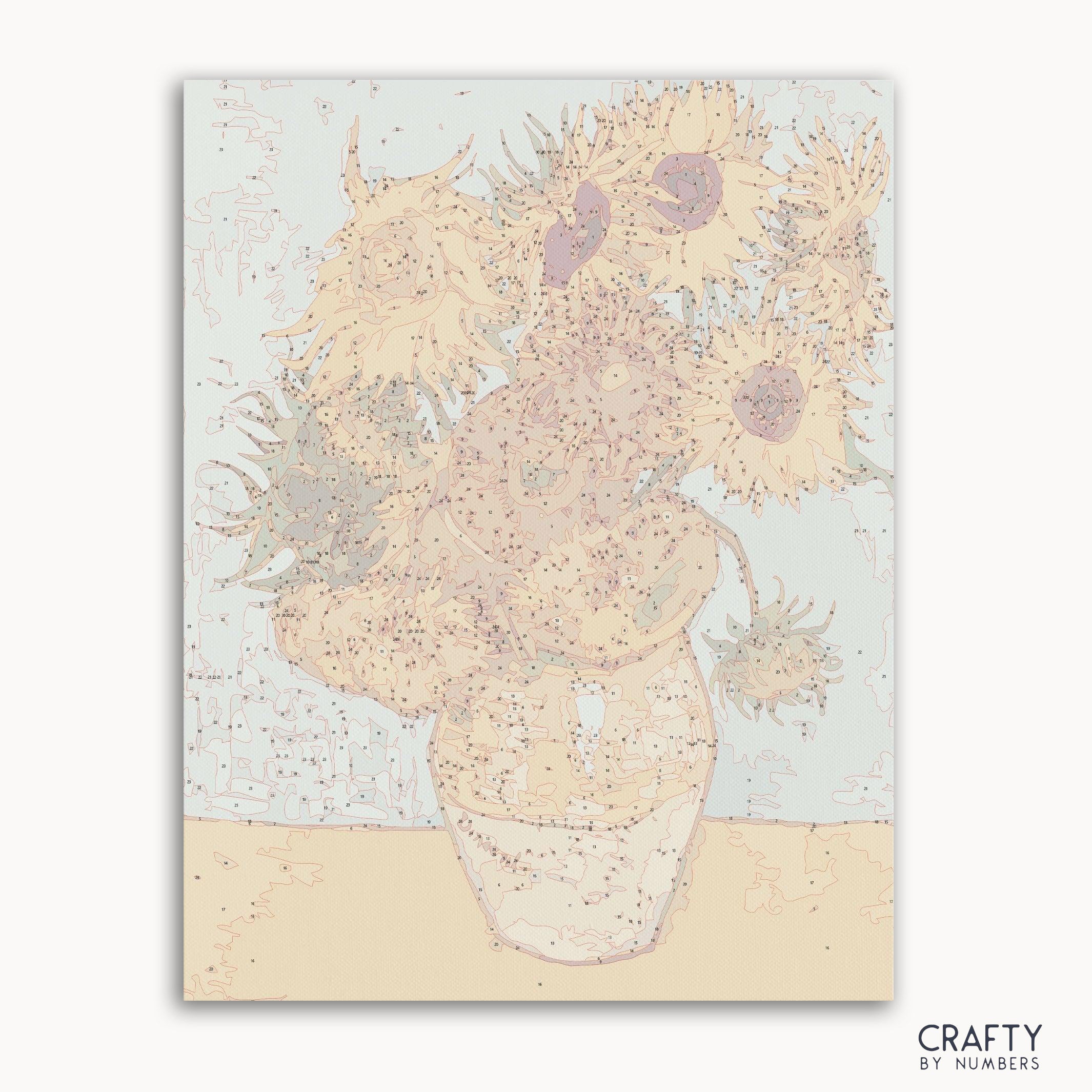 Vibrant Sunflowers in a vase painted with classic paint by numbers kit showcasing one of vincent van gogh famous paintings