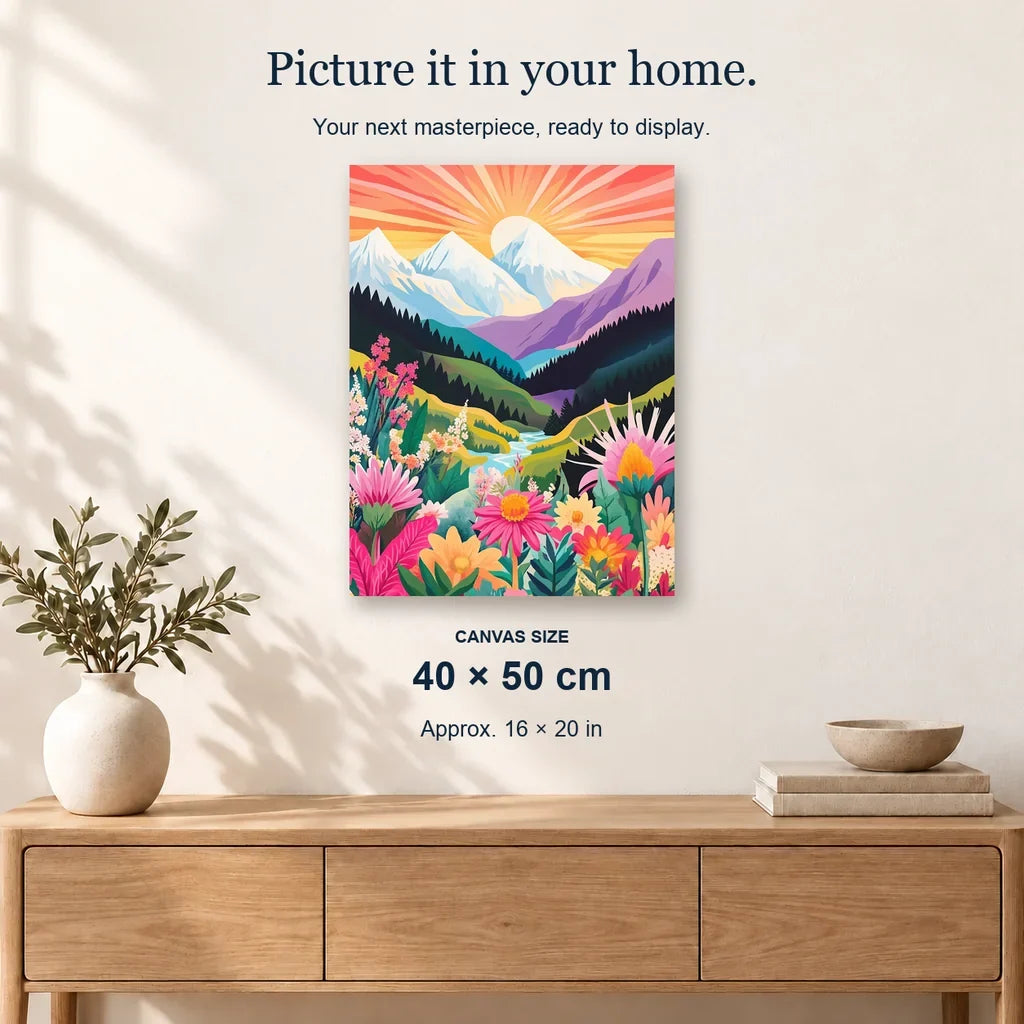 Sunset Bliss displayed on a sunlit wall above an oak cabinet. Canvas size 40 × 50 cm.