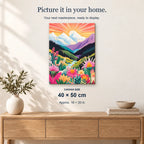 Sunset Bliss displayed on a sunlit wall above an oak cabinet. Canvas size 40 × 50 cm.