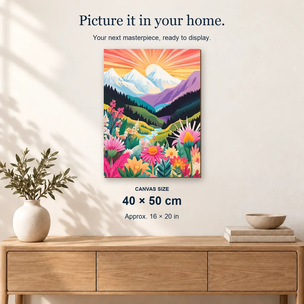 Sunset Bliss displayed on a sunlit wall above an oak cabinet. Canvas size 40 × 50 cm.