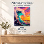 Sunset Breaker displayed on a sunlit wall above an oak cabinet. Canvas size 40 × 50 cm.