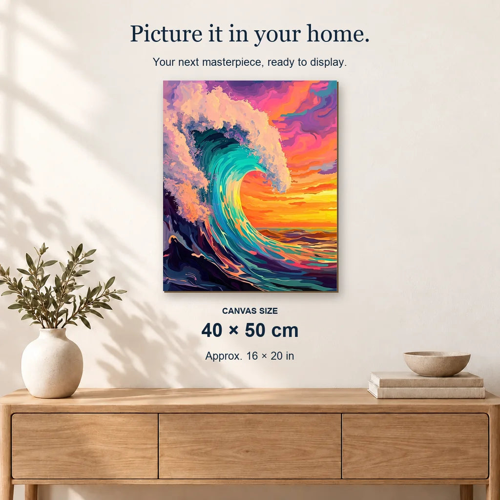 Sunset Breaker displayed on a sunlit wall above an oak cabinet. Canvas size 40 × 50 cm.