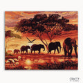 A paint-by-numbers kit depicting a sunset scene with elephants and trees.