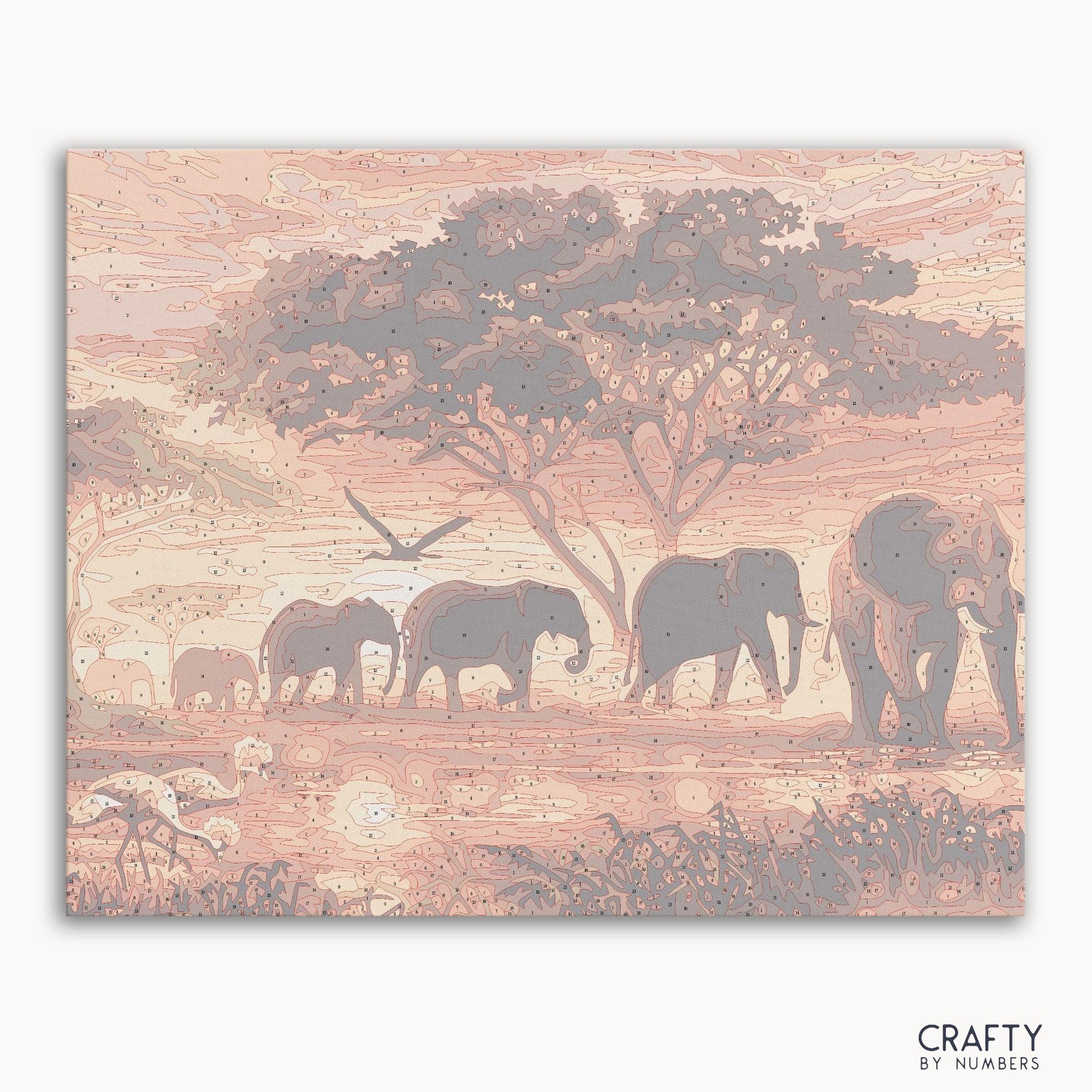 Sunset Elephants pinta por números con colores vibrantes y pinceles detallados, inspirados en pinturas famosas y el estilo de pinturas famosas de Van Gogh.