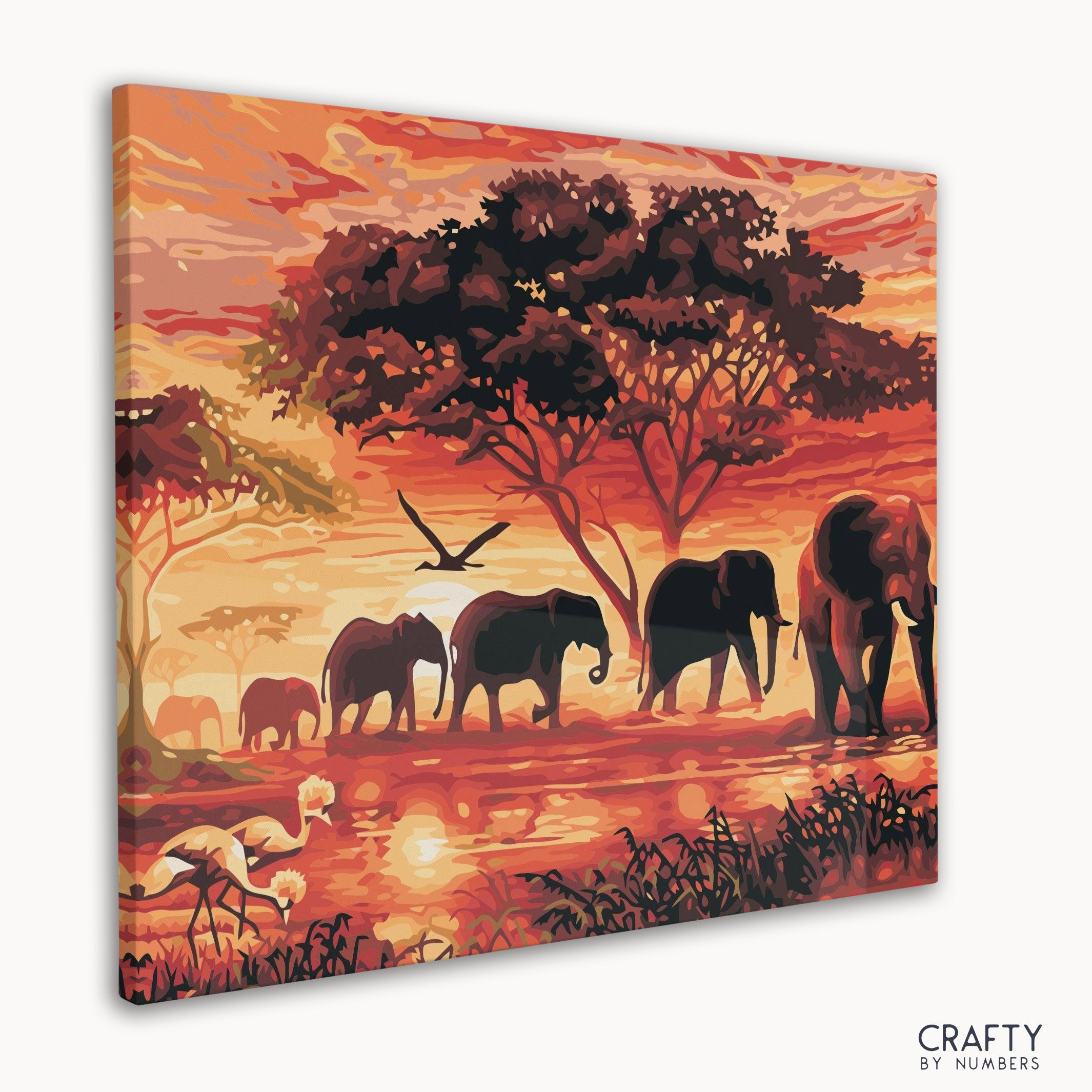 Beautiful Sunset Elephants paint by number art, blending tones like most famous paintings and famous landscape paintings.