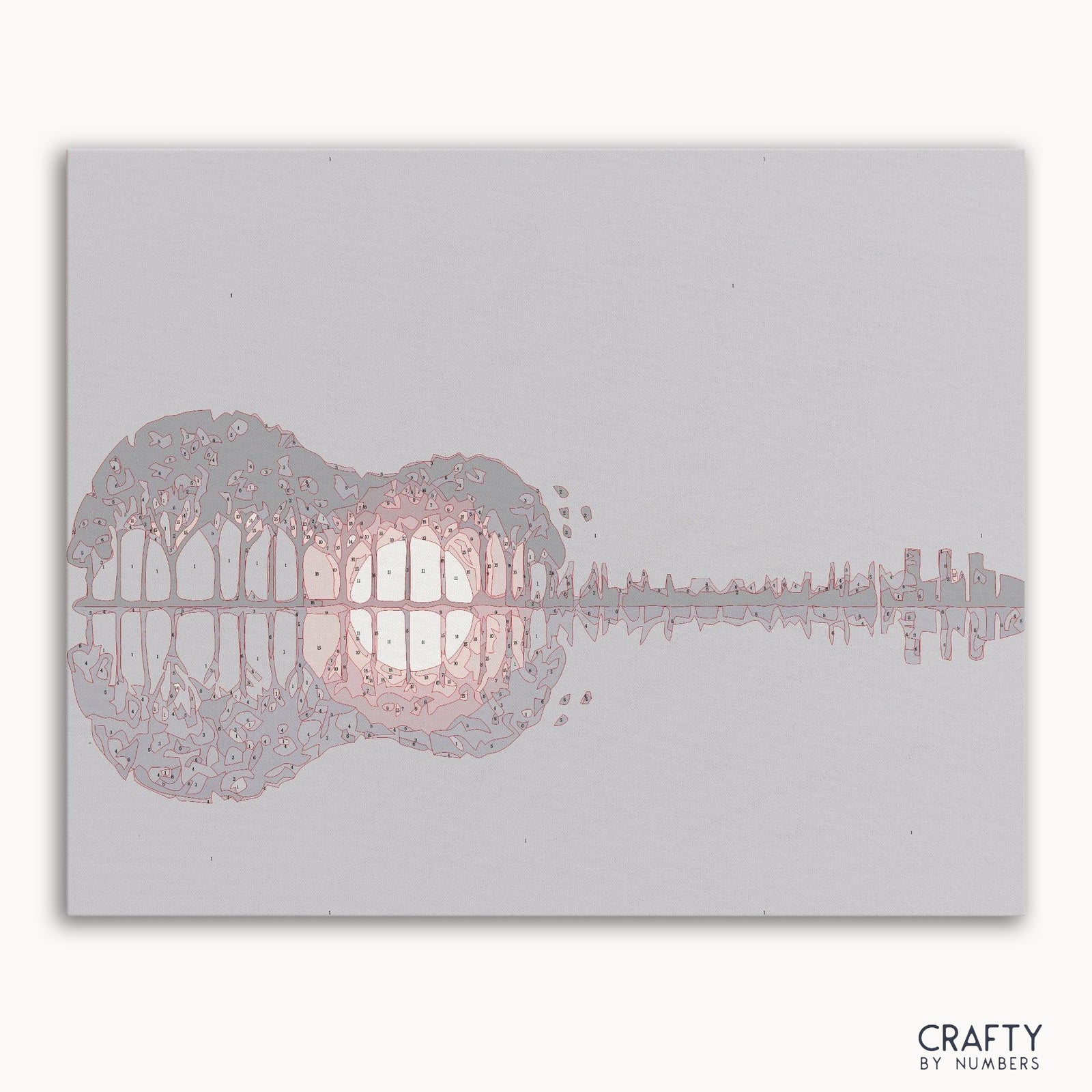 Peinture Sunset Like Guitar par numéro inspirée de peintures célèbres présentant des paysages vibrants et des styles abstraits.