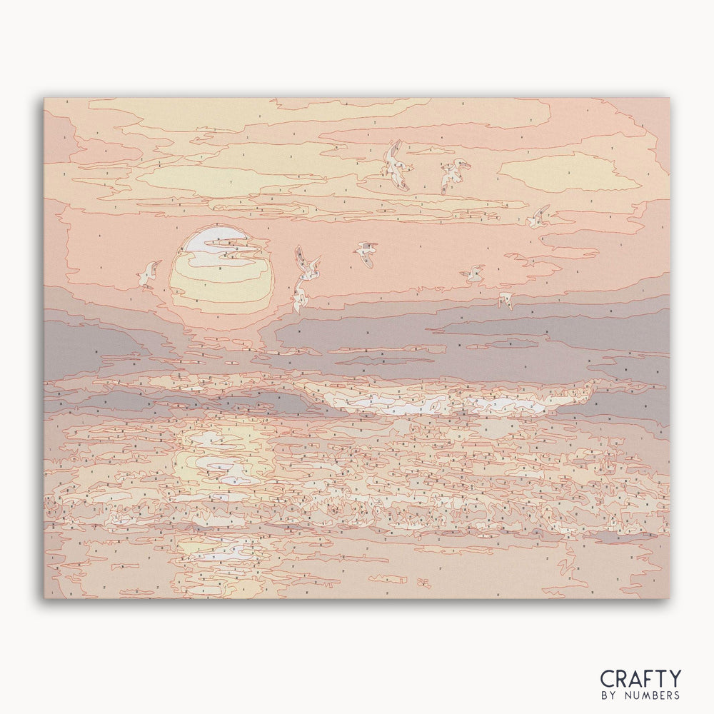 Sunset Waves paint by numbers kit box with vibrant sunset ocean waves artwork