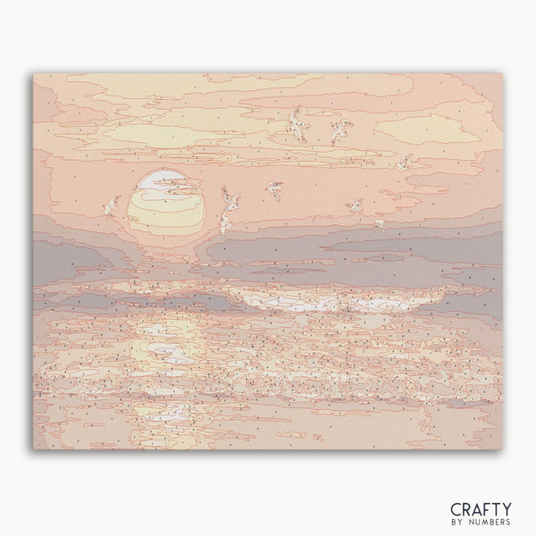 Sunset Waves paint by numbers kit box with vibrant sunset ocean waves artwork