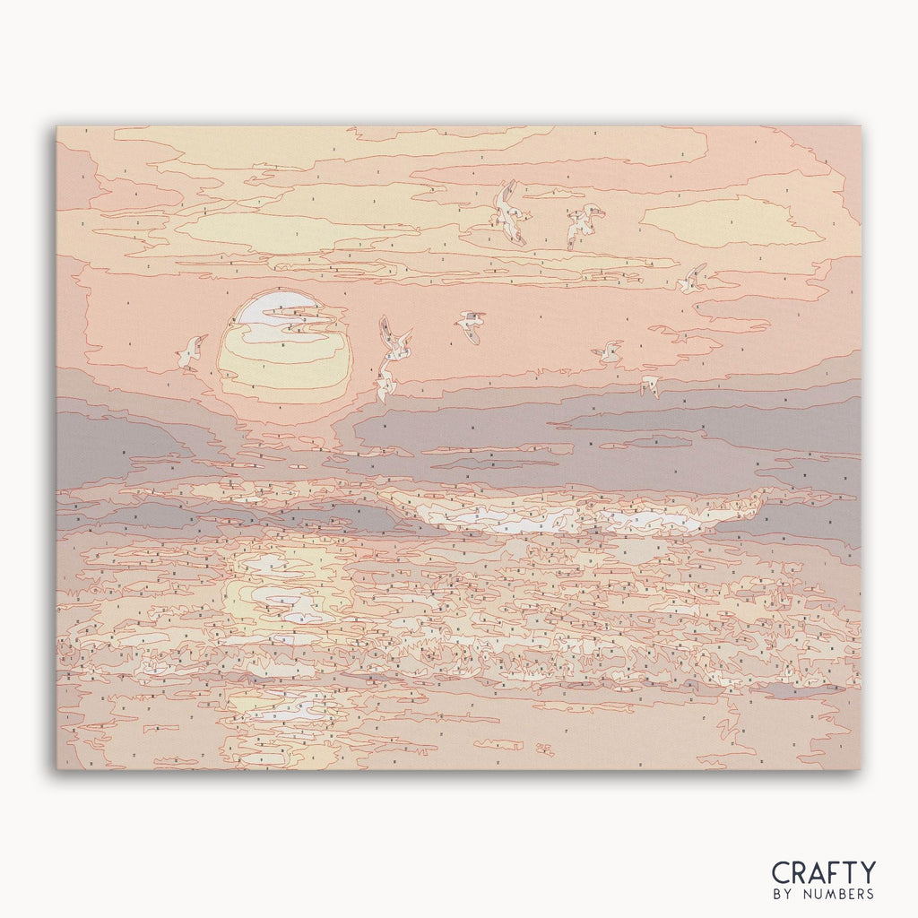 Sunset Waves paint by numbers kit box with vibrant sunset ocean waves artwork