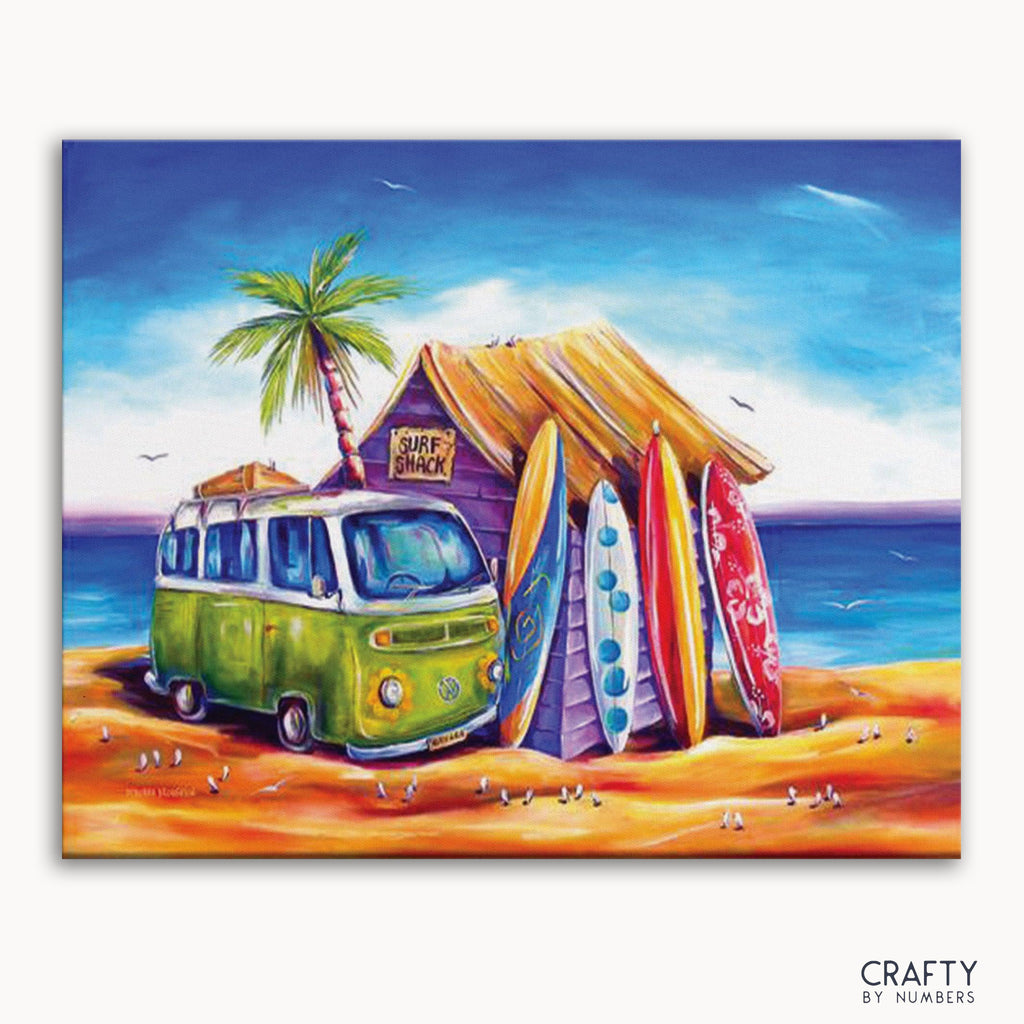 A paint-by-numbers kit image featuring a colorful beach scene with a surf shack, palm tree, and a classic VW bus.