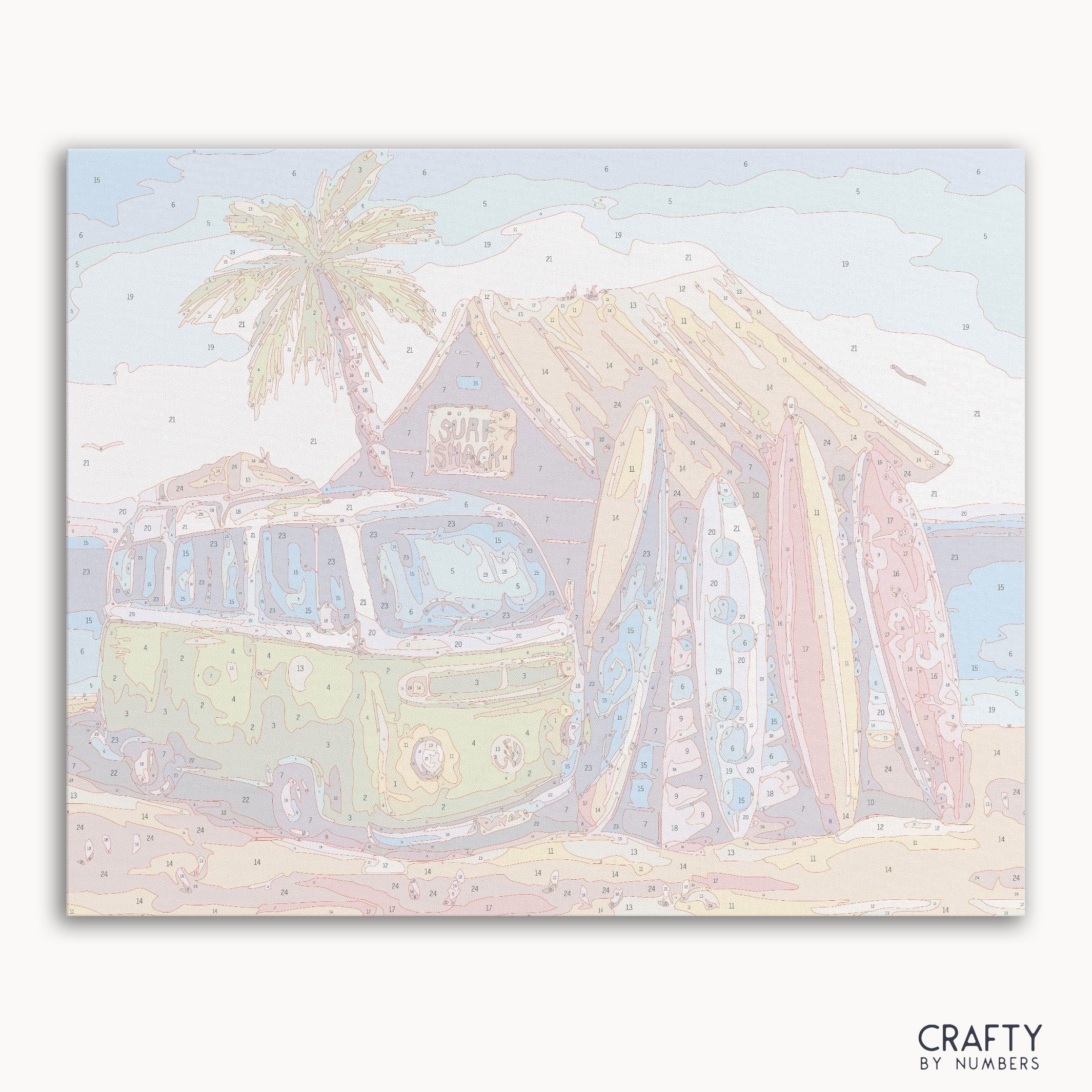 Surf shack paint by numbers kit with tropical beach scene