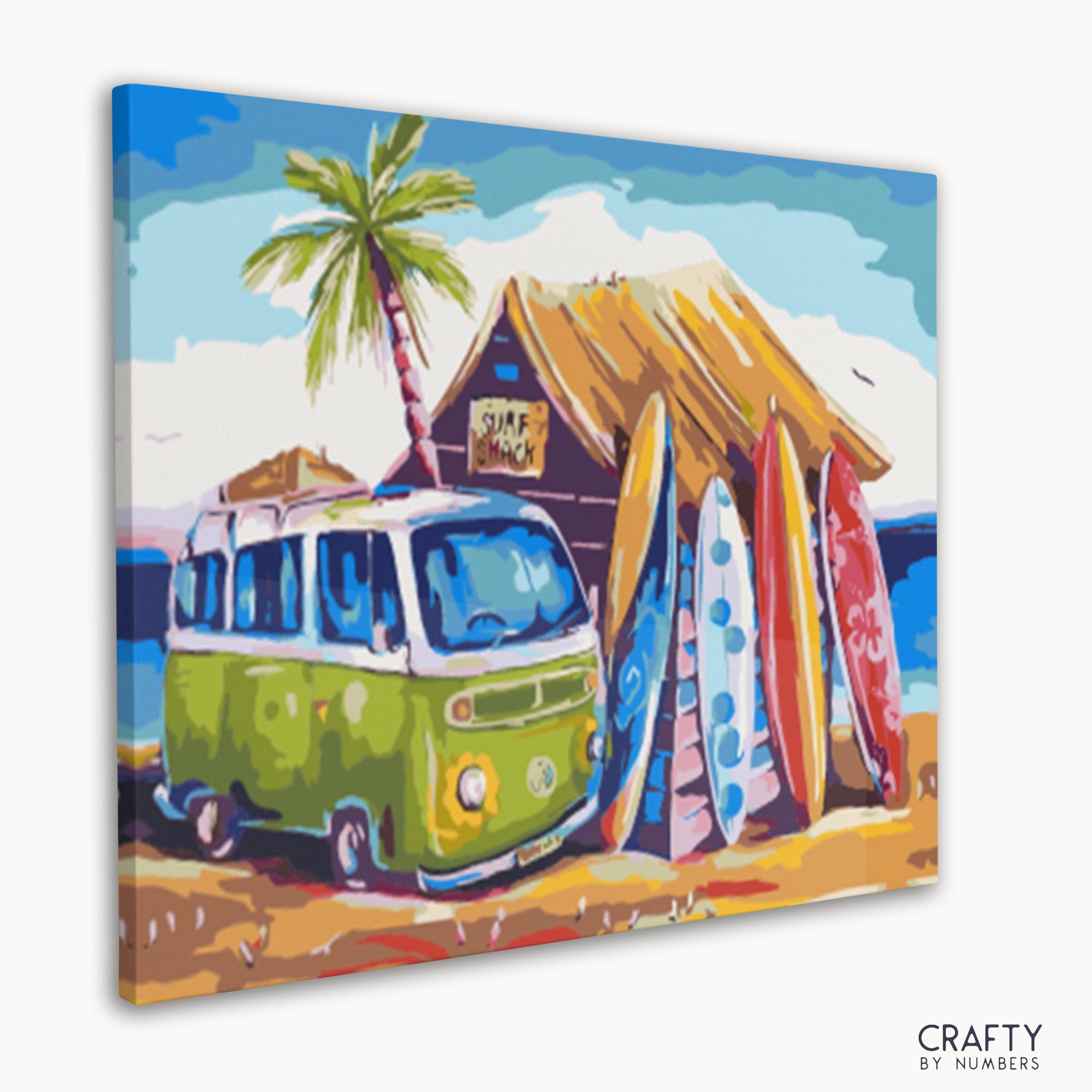 Coastal surf shack paint by numbers set featuring ocean waves