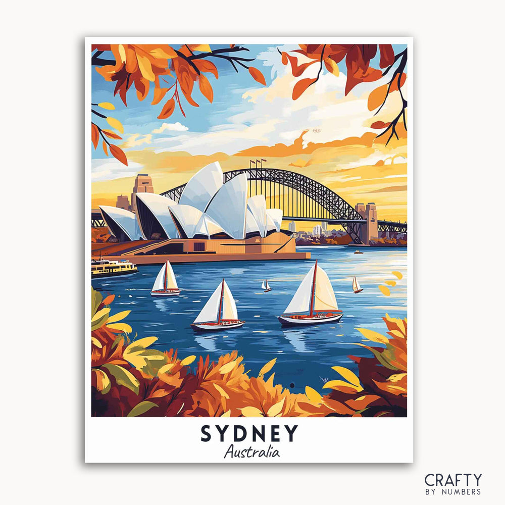 A travel poster paint by numbers kit featuring iconic Sydney landmarks such as the Opera House and Harbor Bridge, with sailboats on the water, surrounded by autumn-colored leaves.