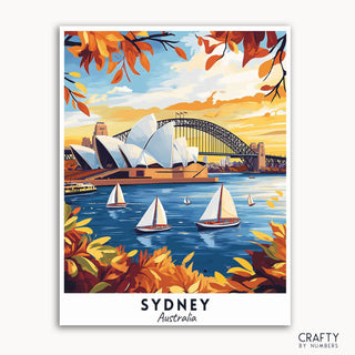 A travel poster paint by numbers kit featuring iconic Sydney landmarks such as the Opera House and Harbor Bridge, with sailboats on the water, surrounded by autumn-colored leaves.