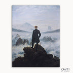 A paint-by-numbers kit featuring the artwork 'Wanderer Above The Sea of Fog' by Caspar David Friedrich, with a depiction of a person standing on a rock looking out at a foggy landscape.