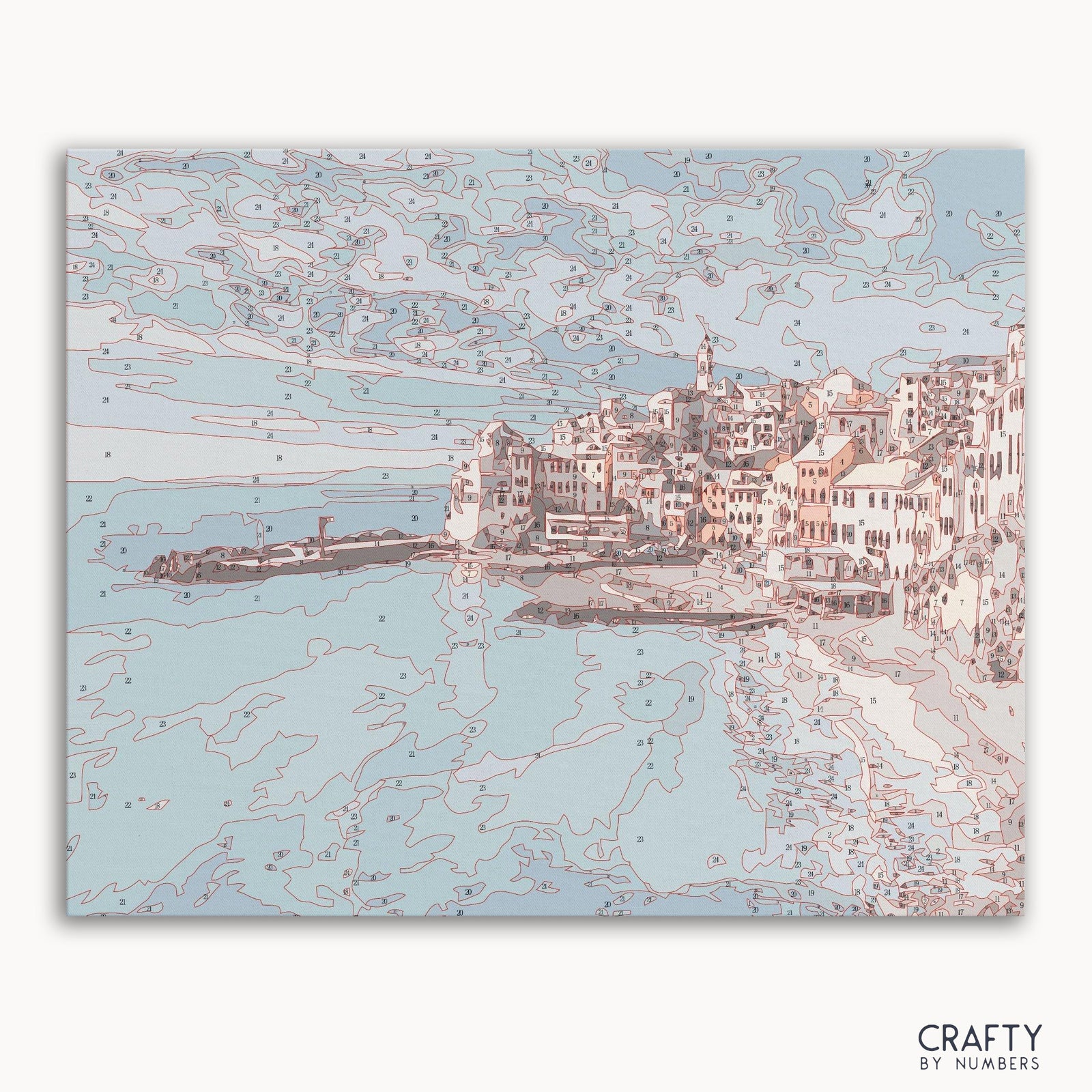 Malen-nach-Zahlen-Set „The Blue Ocean City of Italy“, Box von vorne