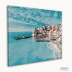 Close-up of numbered canvas showing ocean cityscape outline