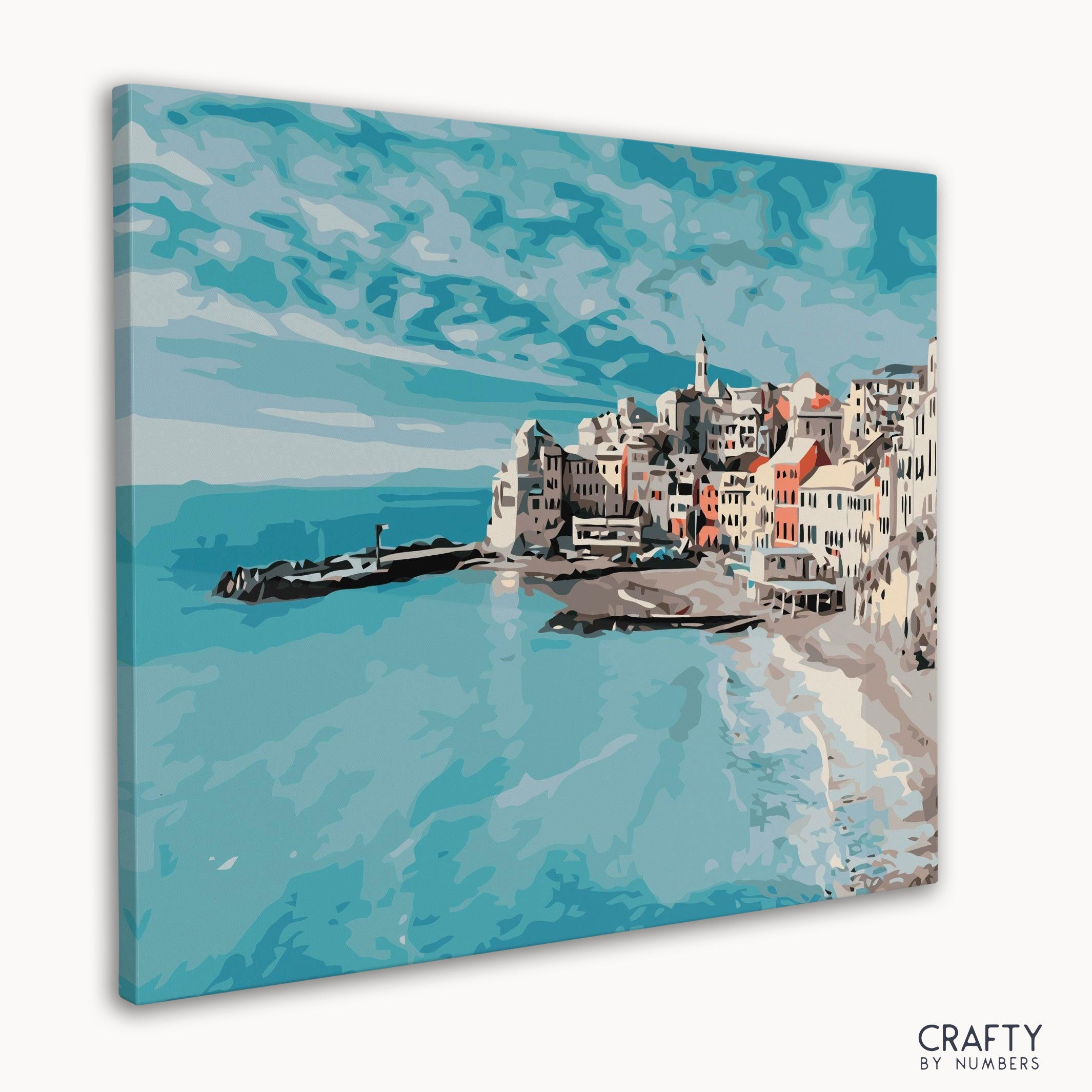 Close-up of numbered canvas showing ocean cityscape outline