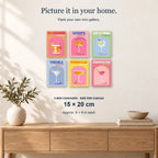 The Cocktail Cuties | 6 Mini Kits: 6 mini canvases displayed on a sunlit wall, 15 × 20 cm each.