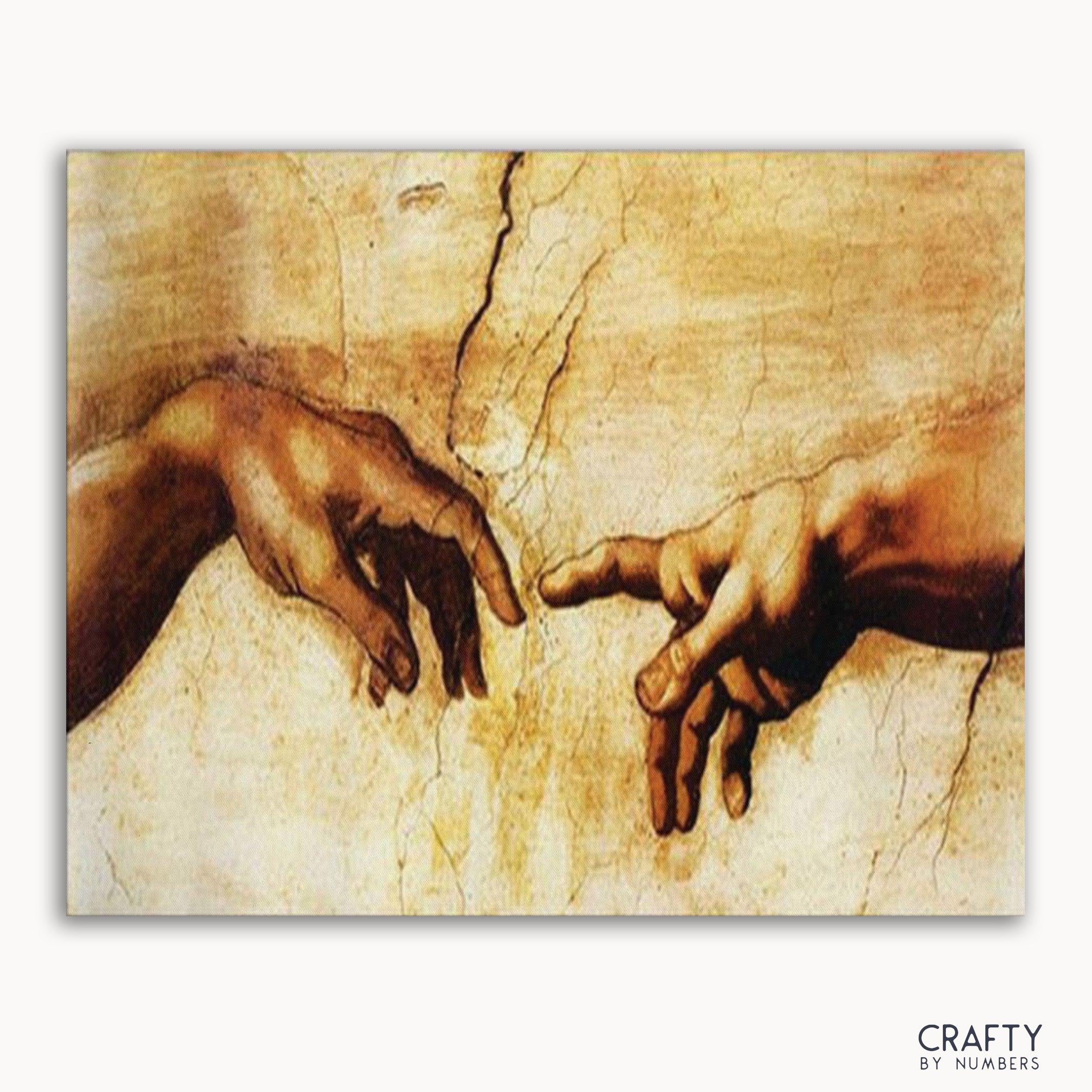 A paint-by-numbers kit depicting the famous artwork 'The Creation of Adam' by Miguel Angel, featuring hands reaching towards each other on a textured background.